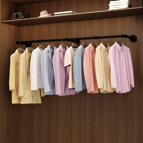 Wall Mounted Clothes Rack 72.5in Industrial Pipe Vibe Heavy Duty Detachable Iron Garment Bar in a wooden closet holding shirts