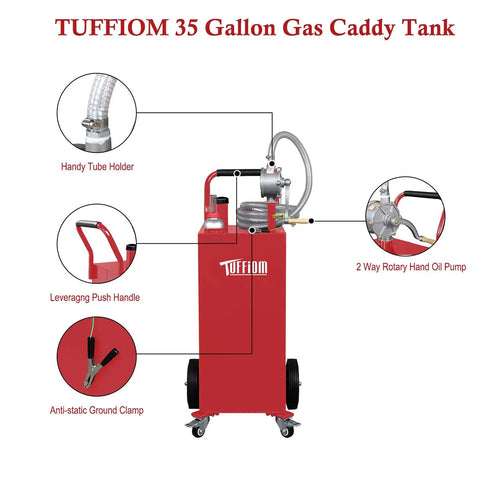 Bad Boy 35 Gallon Portable Gas Caddy With Rugged Wheels And Slick Manual Siphon Pump Plus Long Hose For Fast Diesel Or Gasoline Transfers On Atvs Tractors Mowers Boats With Zero Mess Or Sweat Guaranteed, featuring tube holder and hand pump.