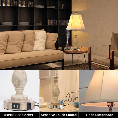 Cozy Farmhouse Style Table Lamp With Touch Control And 3 Way Dimming in living room setting, beige fabric shade, USB ports, built-in outlet