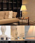 Cozy Farmhouse Table Lamp with Touch Control, 3-Way Dimmable, Linen Shade, USB Ports shown in a living room and close-up details