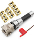Jecoupoon R8 shank face mill arbor with 50mm shell cutter, 10 APMT1604 carbide inserts, red T15 wrench