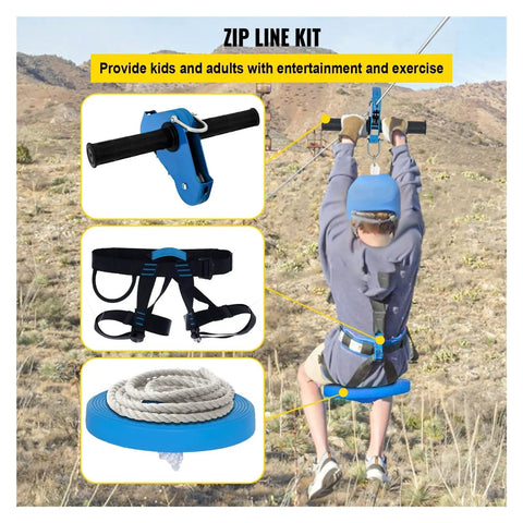 60 To 80 Foot Backyard Zip Line Kit With Swing Seat And Steel Trolley, Spring Brake System, in use by child for fun outdoors