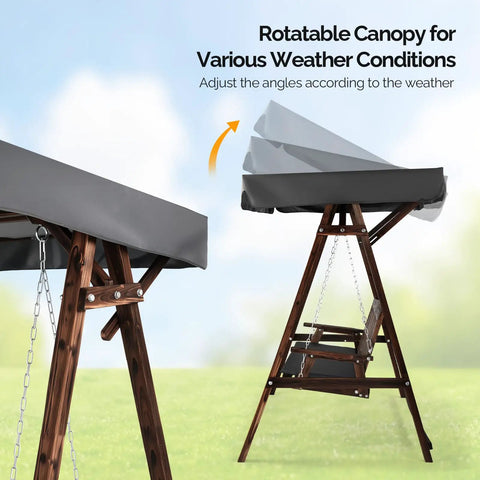 4 Ft Porch Swing With Stand Heavy Duty 660 Pound Wooden Swing Set With Canopy For Garden Patio And Yard showing rotatable canopy
