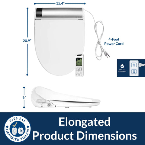 Straight Up Luxe Electric Bidet Toilet Seat With Super Comfy Heated Seat showing dimensions 20.9" x 15.4" and remote control.
