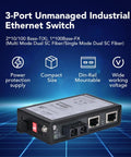 3 Port Unmanaged Industrial Ethernet Switch with 2x 10/100 Base-TX RJ45 Ports and 1x 100Base-FX, showing compact size and features
