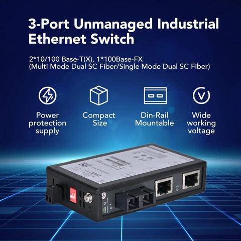 3 Port Unmanaged Industrial Ethernet Switch with 2x 10/100 Base-TX RJ45 Ports and 1x 100Base-FX, showing compact size and features