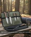 Knife Roll Bag With Individual Slots For Safe, On The Go Blade Storage Portable Protector Case on a picnic table in a forest