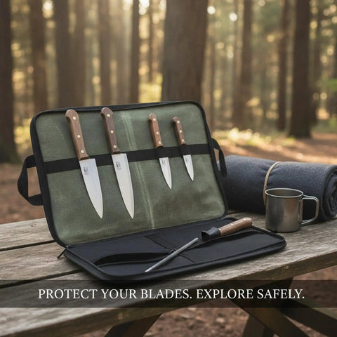 Knife Roll Bag With Individual Slots For Safe, On The Go Blade Storage Portable Protector Case on a picnic table in a forest