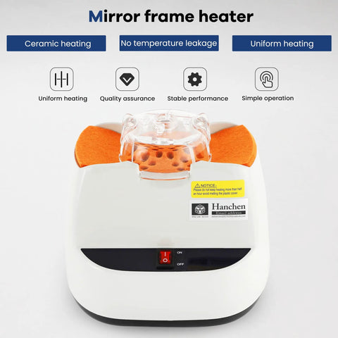 Pro Grade Optical Frame Warmer Equipped With Ceramic Hot Air System For Eyewear Frames,top view showing ceramic heating element and orange pads.