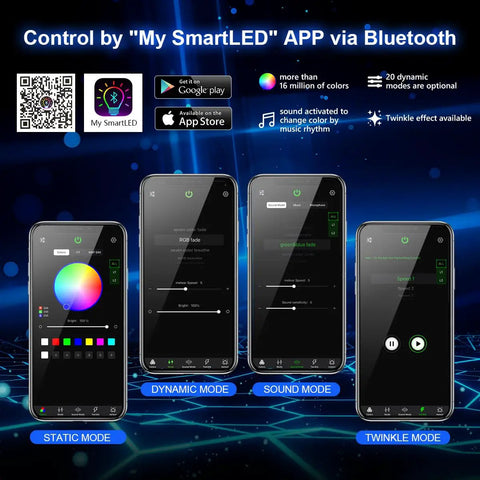 Twinkle 16W Fiber Optic Star Ceiling Light Kit With 450 Strands My SmartLED app interface on smartphone screens
