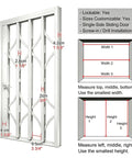 Heavy Duty White Retractable Security Grille For Sliding Burglar Windows And Storage Sheds Featuring Smooth Operator Design showing installation dimensions.