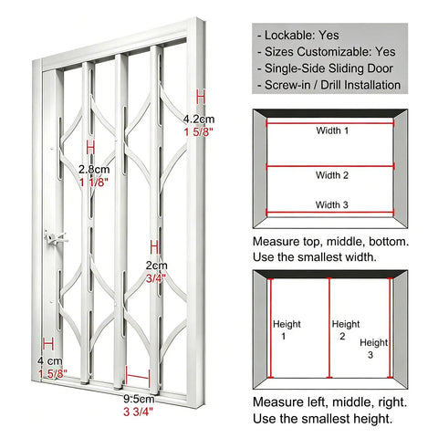Heavy Duty White Retractable Security Grille For Sliding Burglar Windows And Storage Sheds Featuring Smooth Operator Design showing installation dimensions.