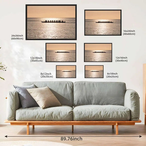 Sunset Rowing Team Canvas Print With Ocean Silhouette Minimalist Wall Art For Living Room And Office, 24x36 in black frames.