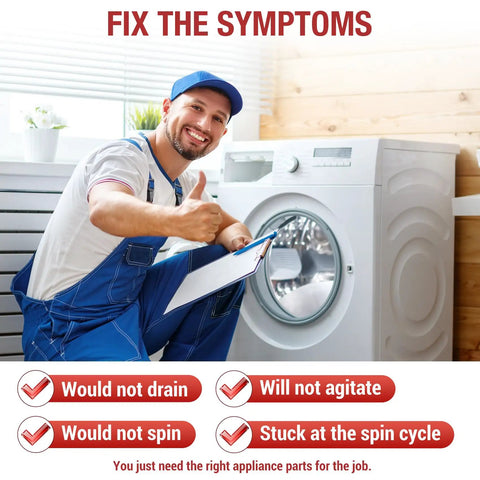 Technician with washing machine explaining issues fixed by Washer Shift Actuator Replacement WPW10006355 Replaces AP4514409 AP6014711 PS11747977 WPW10006355VP Built-To-Last OEM-Grade Module For Popular Top Load Washers, Easy Install, Long Lasting Performance