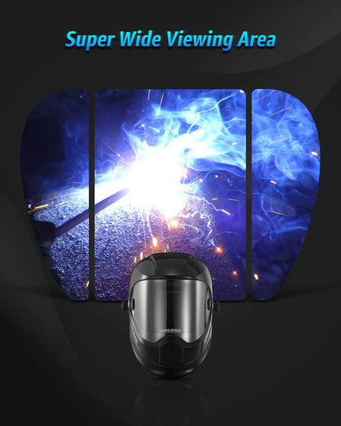 Panoramic View Auto Darkening Welding Helmet With 4 Arc Sensors Solar Power True Color Shade 5-8 And 9-13, wide view display