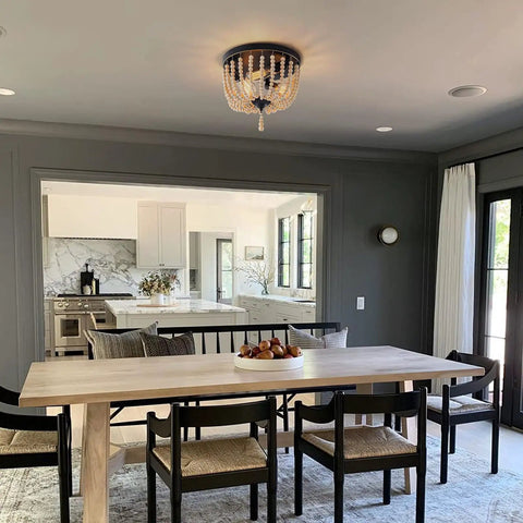 Dining room with Farmhouse Wood Beaded 3 Light Flush Mount Ceiling Light, Boho Chandelier Style Vintage Lighting, Black Finish