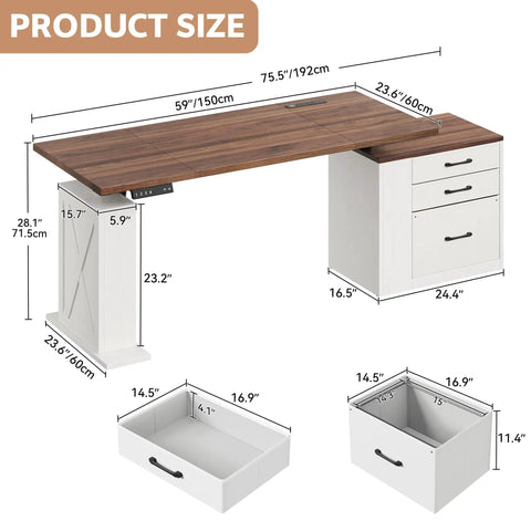 Farmhouse Electric Standing Desk 75.5 Inch With Drawers And Storage Adjustable Height Sit Stand Computer Office Desk measurements and design details
