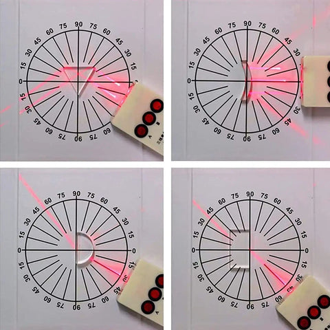 Top Shelf Optics Lens And Prism Set For School Physics Labs featuring lenses bending laser light on a protractor backdrop.