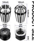 Diagram of 9 Pcs ER11 Spring Collet Nut Set With One Eighth Inch Collets And One Fourth Inch Collets And Clamping Nuts, product sizes shown.