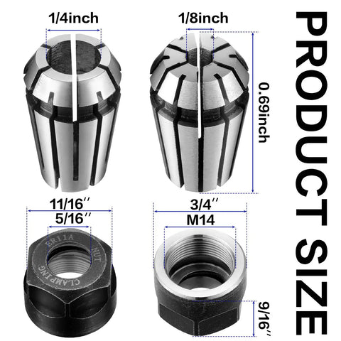 Diagram of 9 Pcs ER11 Spring Collet Nut Set With One Eighth Inch Collets And One Fourth Inch Collets And Clamping Nuts, product sizes shown.