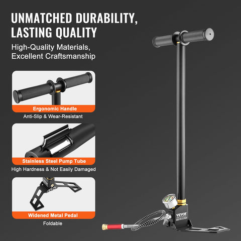 Three Stage High Pressure Hand Pump For PCP Air Guns Stirrup Pump Filling Tool Up To 30 MPa Beefy Stainless Steel with gauge and metal pedal