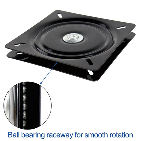 Beefy 13 Inch Lazy Susan Hardware Turntable Bearings with zinc plate, black square swivel, highlighting ball bearing raceway