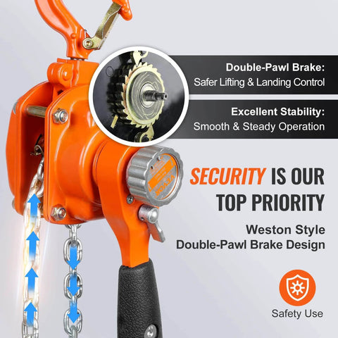 Close-up of Manual Lever Chain Hoist Quarter Ton Come Along Ten Ft G80 Chain with dual-pawl brake and 360 rotating hook.