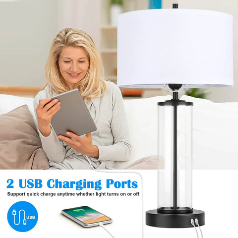 Touch Control Bedside Lamps With 2 USB Ports 3 Way Dimmable LED Table Lamps Set Of 2 illuminated beside woman on sofa