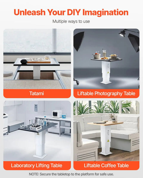 Image of VEVOR Electric Lifting Column System showcasing uses: tatami, photography, laboratory, and coffee table setups.