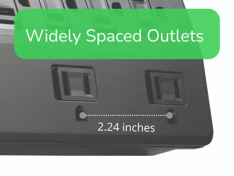 Close-up of No Brainer Surge Protector Power Strip With 2770 Joules, 8 Outlets, showing block spaced 2.24-inch widely spaced outlets.
