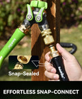 Solid Brass Quick Connect Hose Fittings Set attached to garden hose for no leak hassle-free use shown in garden setting. 