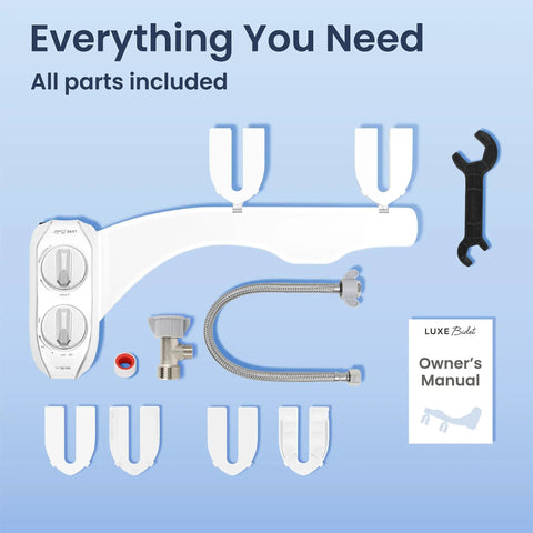 Neo 120 Plus Non Electric Bidet Attachment For Toilet Seat With One Nozzle, parts shown with slide-in install and tools.