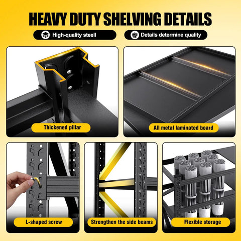 Heavy Duty Garage Shelving 4 Tier Steel Shelves With 6000 Lbs Capacity Adjustable Metal Storage Unit For Garage Basement Workshop 79 Inch Wide By 24 Inch Deep By 73 Inch High Black showing thickened pillar, steel board and L-shaped screws