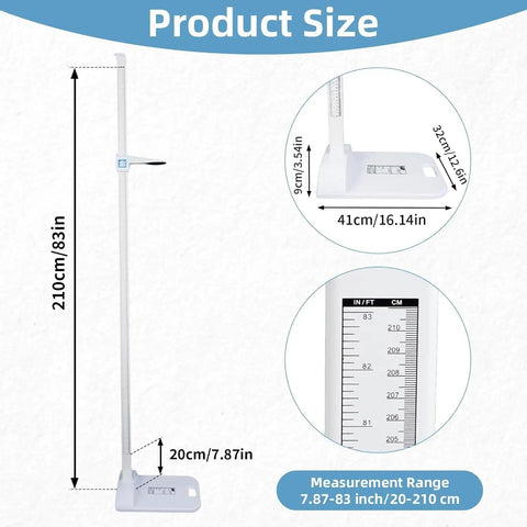 Portable Stadiometer Height Measuring Rod, Freestanding 8-82 Inch, Dual-Scale Precision With Mirrored Inch And CM Markings, Clinical-Grade Height Readings For Home, Clinic, And School Use, product size diagram with 210 cm height