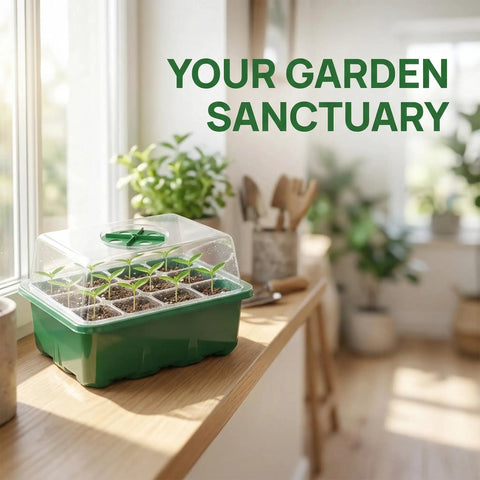 5 Pack Seed Starter Trays With Adjustable Humidity Dome And Base Indoor Greenhouse Mini Propagator, 12 Cells Per Tray on table