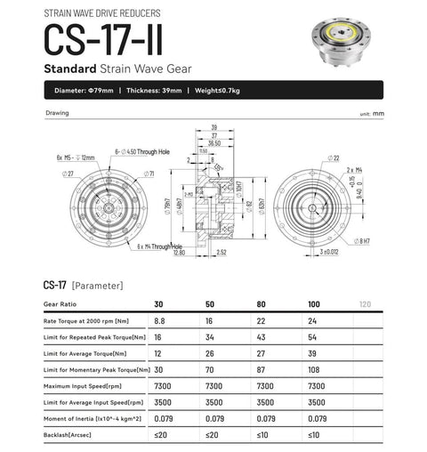 CS 17 II Harmonic Drive Strain Wave Gear Reducer technical drawing and specifications for automation equipment