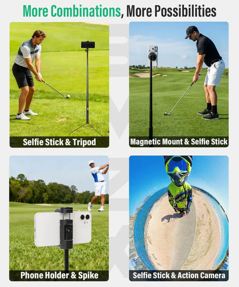 Golf Tripod And Selfie Stick Kit for real swing training with phone holder, ground spike, and magnetic tripod on golf course