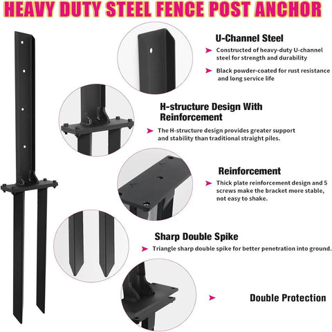Heavy Duty Black Fence Post Repair Kit Knock Out Leaning 4x4 6x6 Wood Posts Rust Resistant Durable Spike Anchor Real Tough Metal Backbone Quick Install Fix showing U-channel steel anchor.