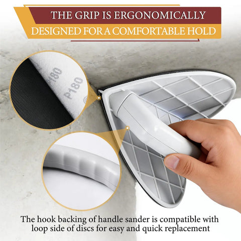 Ergonomic Drywall Corner Sander Kit With 12 Reusable 9 Inch Hook And Loop Discs in use on wall corner.