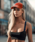 Woman wearing Dope Trucker Hat For Women And Girls Saffron Washed Distressed Low Profile Cap Adjustable Buckle