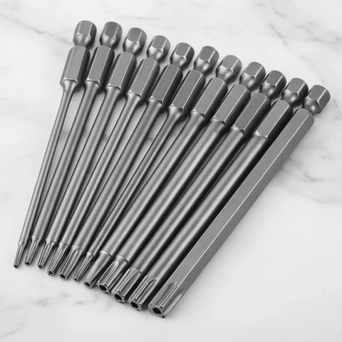Tough As Nails 11 Piece Security Torx Bit Set featuring quarter inch hex shank magnetic drivers, made of S2 steel.