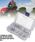 Assorted R Clip Kit 100 Pieces For M1 To M2.5 Hairpin Retaining Pins shown in storage case with lawnmower in background