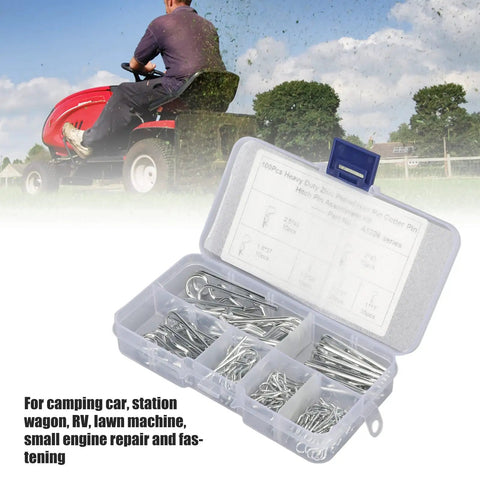Assorted R Clip Kit 100 Pieces For M1 To M2.5 Hairpin Retaining Pins shown in storage case with lawnmower in background