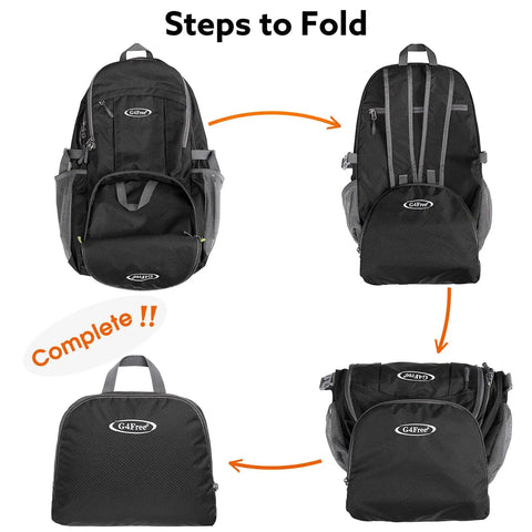 Steps to fold 40L Lightweight Packable Hiking Backpack With Wet Pocket Waterproof Daypack into compact size.
