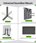 Rock Solid Soundbar Mount Bracket Adjustable Above Or Under TV No Sweat Install Detachable Extension Plates Holds Up To 16 Pounds showing 360° swivel feature and compatibility details.