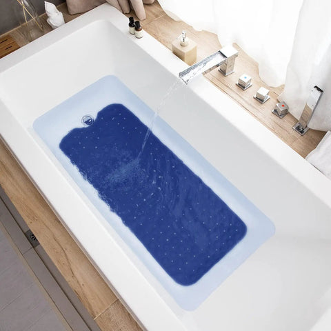 Extra Long Non Slip Bath Mat 39 X 16 Inch Machine Washable Shower Rug With Heavy Suction Cups And Fast Drain Holes Navy Blue in bathtub.