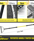 Long Handle Thatch Rake For Lawns With Adjustable Head Manual Dethatcher For Dead Grass Removal And Lawn Debris Ergonomic Rake That Cuts Back Strain And Gets The Job Done Heavy Duty Lawn Care Tool For Healthier Green Grass, detailed view showing rake size and durable materials.