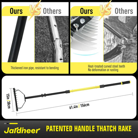 Long Handle Thatch Rake For Lawns With Adjustable Head Manual Dethatcher For Dead Grass Removal And Lawn Debris Ergonomic Rake That Cuts Back Strain And Gets The Job Done Heavy Duty Lawn Care Tool For Healthier Green Grass, detailed view showing rake size and durable materials.