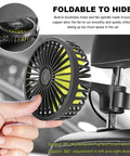 Close-up of a Two Pack Usb Car Seat Fan, showcasing 360 rotation and foldable design for easy backseat cooling.