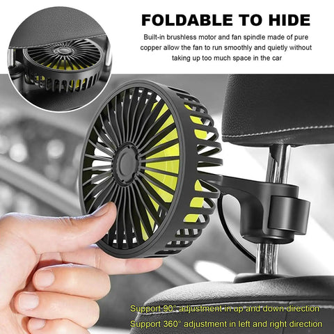 Close-up of a Two Pack Usb Car Seat Fan, showcasing 360 rotation and foldable design for easy backseat cooling.